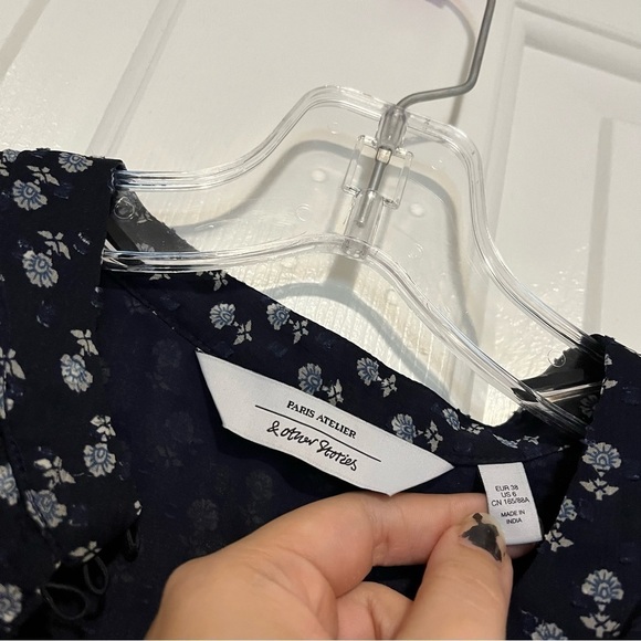 & Other Stories Micro Floral Pleated Mini Dress Navy Blue Size 6 AA - Picture 4 of 7